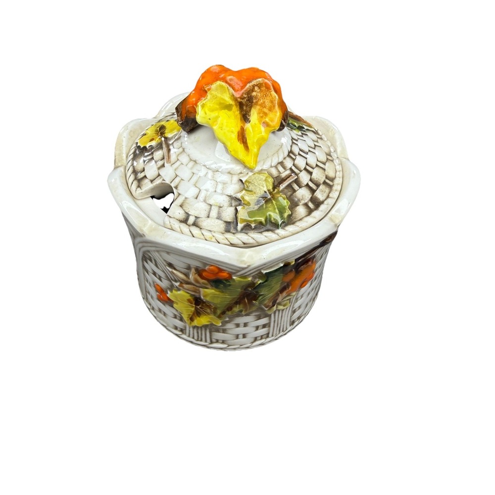 Vintage Ardco Japan Ceramic Pumpkin Lidded Jar Basket Weave Fall Canister